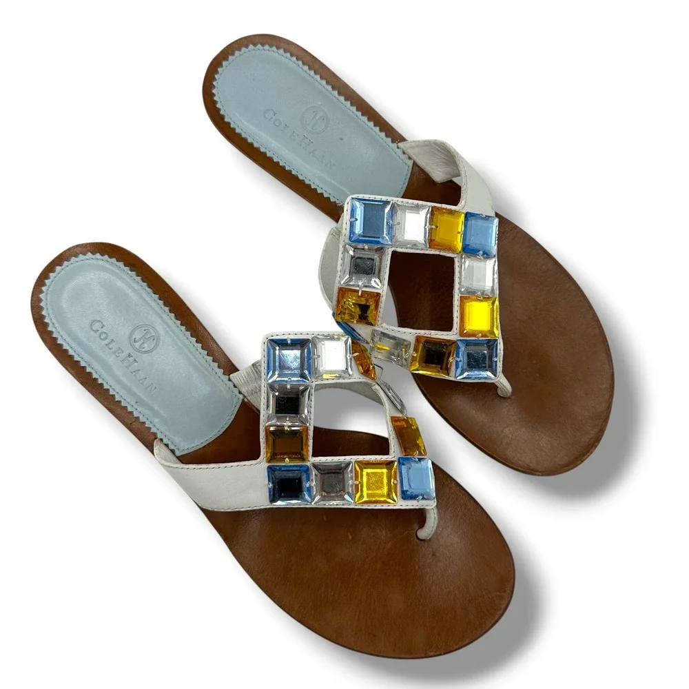 Cole Haan Womens White Leather Crystal Embellished Wedge Thong Sandals Size 8B
